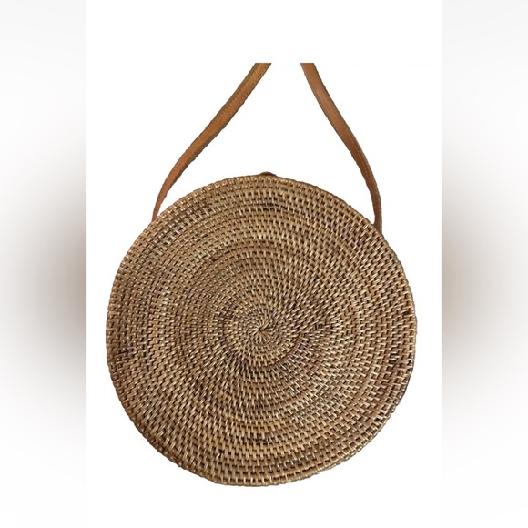 Street Level Crossbody Round Wicker Purse Bag Small Woven Brown Leather Strap - Picture 1 of 11
